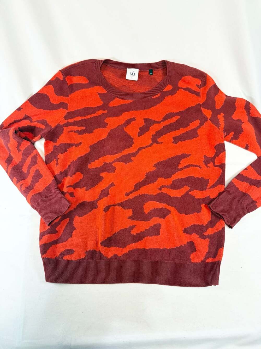 cabi Women's L Orange Burgundy Camo Tiger Stripe Jacquard Knit Crewneck Sweater